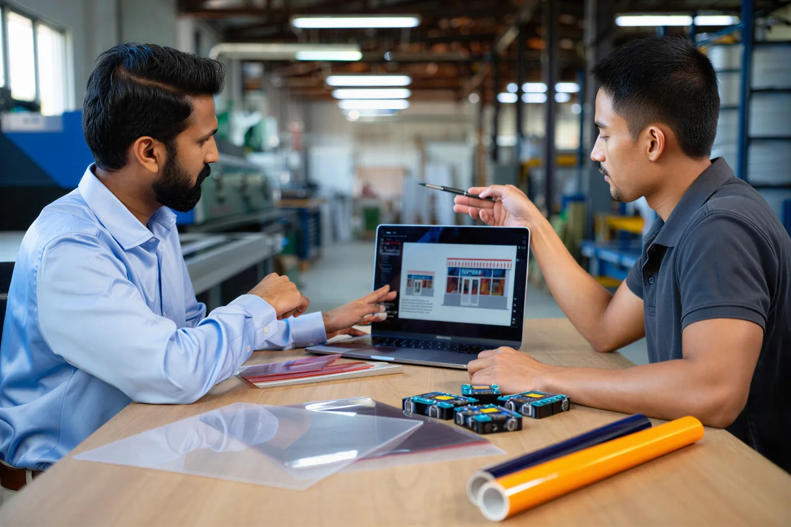 Signage designers reviewing storefront sign layout on laptop inside a modern manufacturing workshop