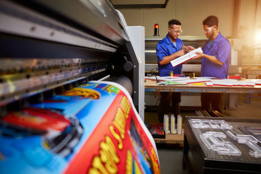 Signage designers reviewing storefront sign layout on laptop inside a modern manufacturing workshop