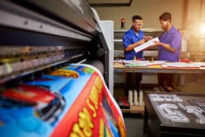 Signage designers reviewing storefront sign layout on laptop inside a modern manufacturing workshop