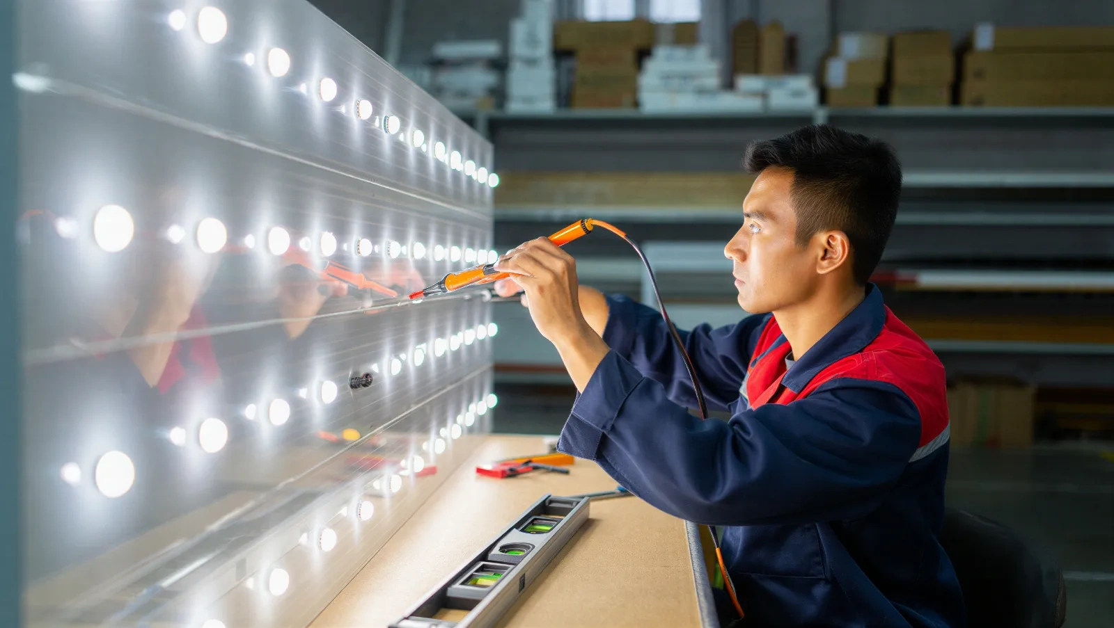Technician testing LED backlit sign panel using electrical tester in fabrication facility