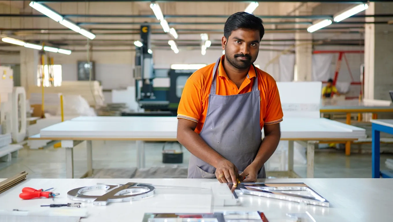 Worker fabricating acrylic signage letters in industrial sign manufacturing workshop