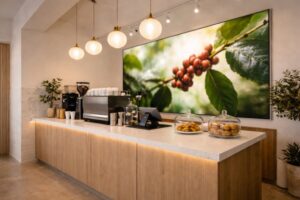  Interior of a modern café with a wooden counter, espresso machine, glass cookie jars, globe pendant lights, and a large wall-mounted photo of red coffee cherries on a branch.