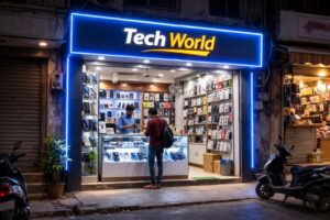 A brightly lit "Tech World" electronics shop at night with blue neon border signage, shelves of accessories, and two men browsing products at the counter.
