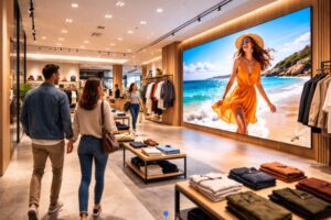 Indoor LED display signage inside a retail clothing store used for visual merchandising and increasing retail store sales through digital store branding.