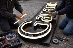 Technicians installing flexible LED strip lights into large custom channel letters for outdoor storefront branding.