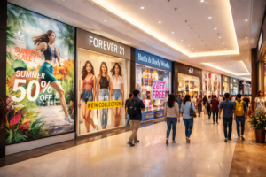 Shoppers stroll through a modern mall with bright store displays. Ads include a summer sale at Forever 21 and a Bath & Body Works offer. The atmosphere is lively.