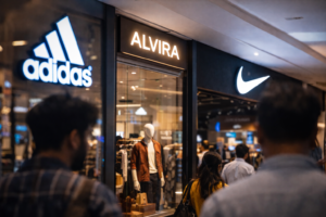 Shoppers walk past stores with bright Adidas, Alvira, and Nike signs in a busy mall. A mannequin in a brown jacket is visible in a display window.