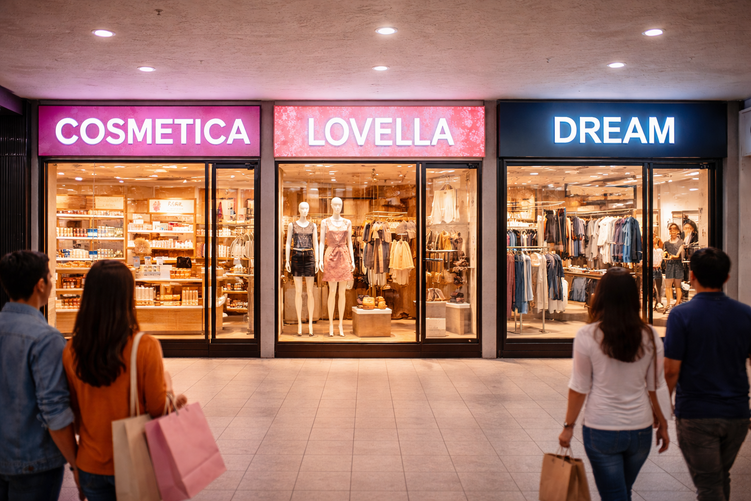Three illuminated storefronts in a mall: Cosmetica with beauty products, Lovella with mannequins in dresses, and Dream with clothing. Shoppers stand nearby.