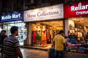 Street view of three adjoining shops. "Mobile Mart," "Shree Collections," and "Reliance Trends." Mannequins display colorful dresses. People walk past.