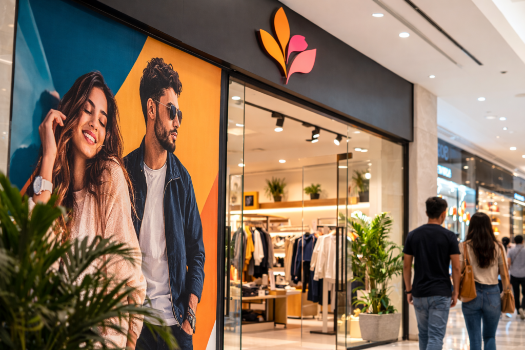 Storefront with large fashion poster on display, featuring a smiling woman and a man in sunglasses. Shoppers walk by, evoking a lively mall atmosphere.
