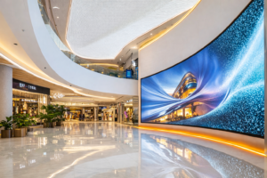 Modern shopping mall interior with sleek architecture, polished floors, and a large, vibrant digital display showcasing abstract blue and white patterns.