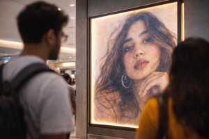 A large, illuminated portrait of a woman with wavy hair and hoop earrings is displayed in a public space. Two people stand in the foreground, viewing it.