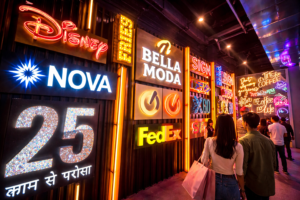 People walk through a vibrant corridor filled with colorful neon signs, such as Disney, FedEx, and others, creating a lively, bustling atmosphere.