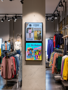Two digital fashion posters are displayed on a pillar inside a clothing store, surrounded by racks of various garments.